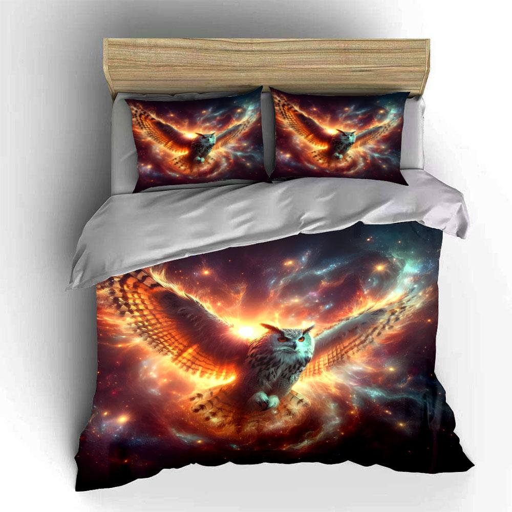 Fiery Owl Cosmic Decor Set Bedding Set With 1 Duvet Cover 2 Pillowcases Single Double King Queen, Gift