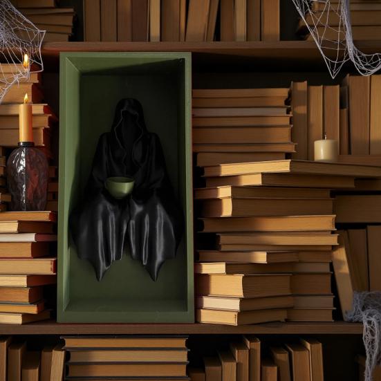 Sitting Grim Reaper Statue Spooky Bookshelf Decoration Gothic Black-Robed Man
