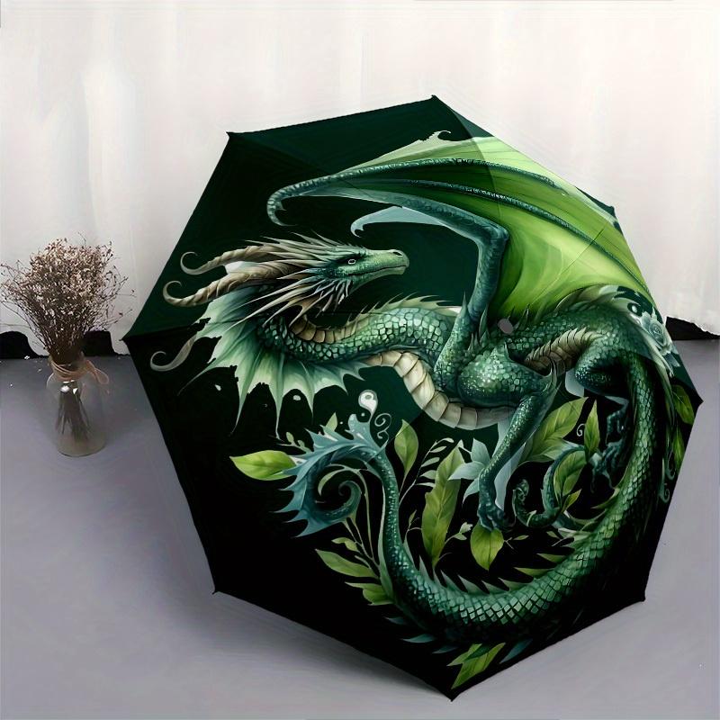 1pc green Dragon Themed Umbrella, 8 Rib Frame,Automatic Opening 3 Fold Umbrella, Lightweight and Durable Couple Umbrella-219