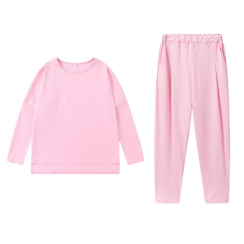 Modisches Rundhals-Langarm-Freizeithemd Zweiteiliges lockeres Hosenset Herbst Einfarbig Übergröße Hosen mit Taschen Hosenanzug Damenbekleidung 1846