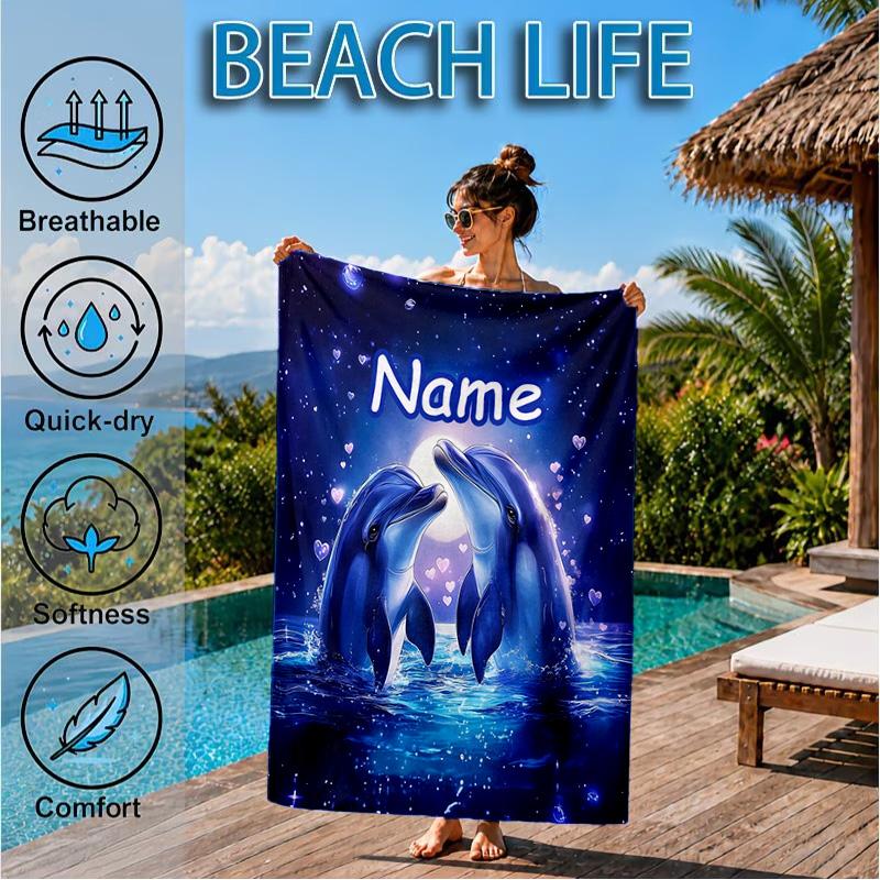 Custom Name Dolphins Starry Night Beach Towel Microfiber Beach Towel, Lightweight and Quick-Dry, for Summer Travel, Swimming Pool Gift