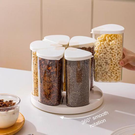 360-Degree Rotating Grain Dispenser Dry Food Storage Bin with Lids Cereal Dispenser with 6 Sealed Containers for Rice Flour Oats Pantry Countertop