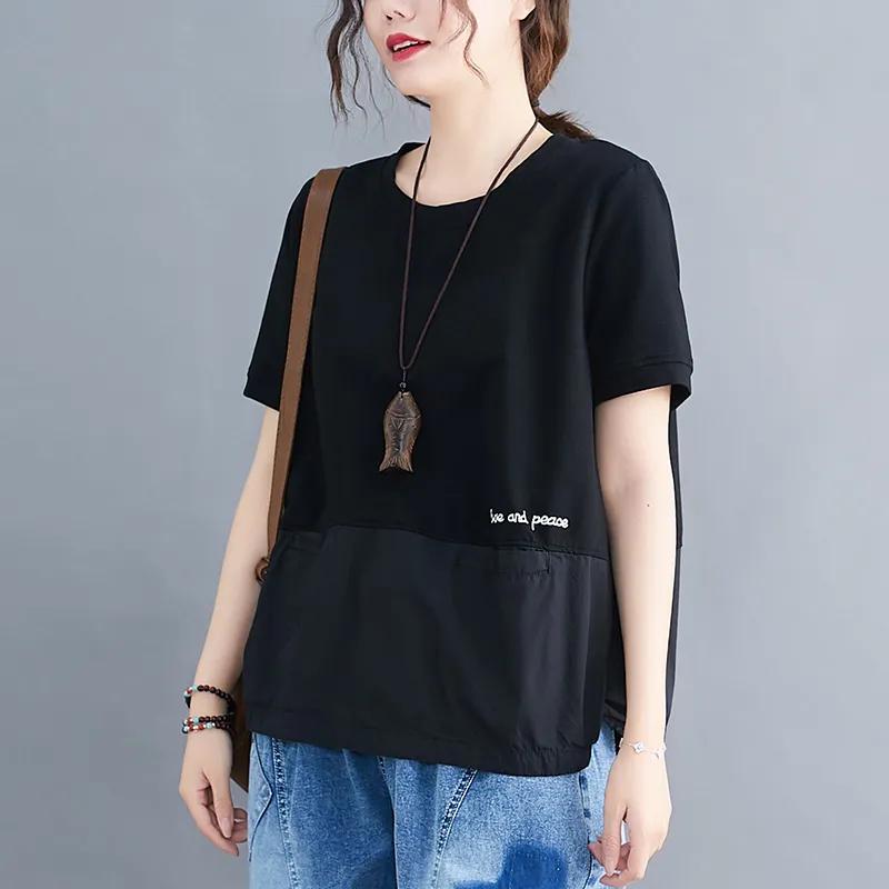 Kadın Modası Tişörtler Düz Renk Patchwork Günlük Tişört Sanatsal Bol Kısa Kollu Oversize Üstler Yaz Trendi Tişört