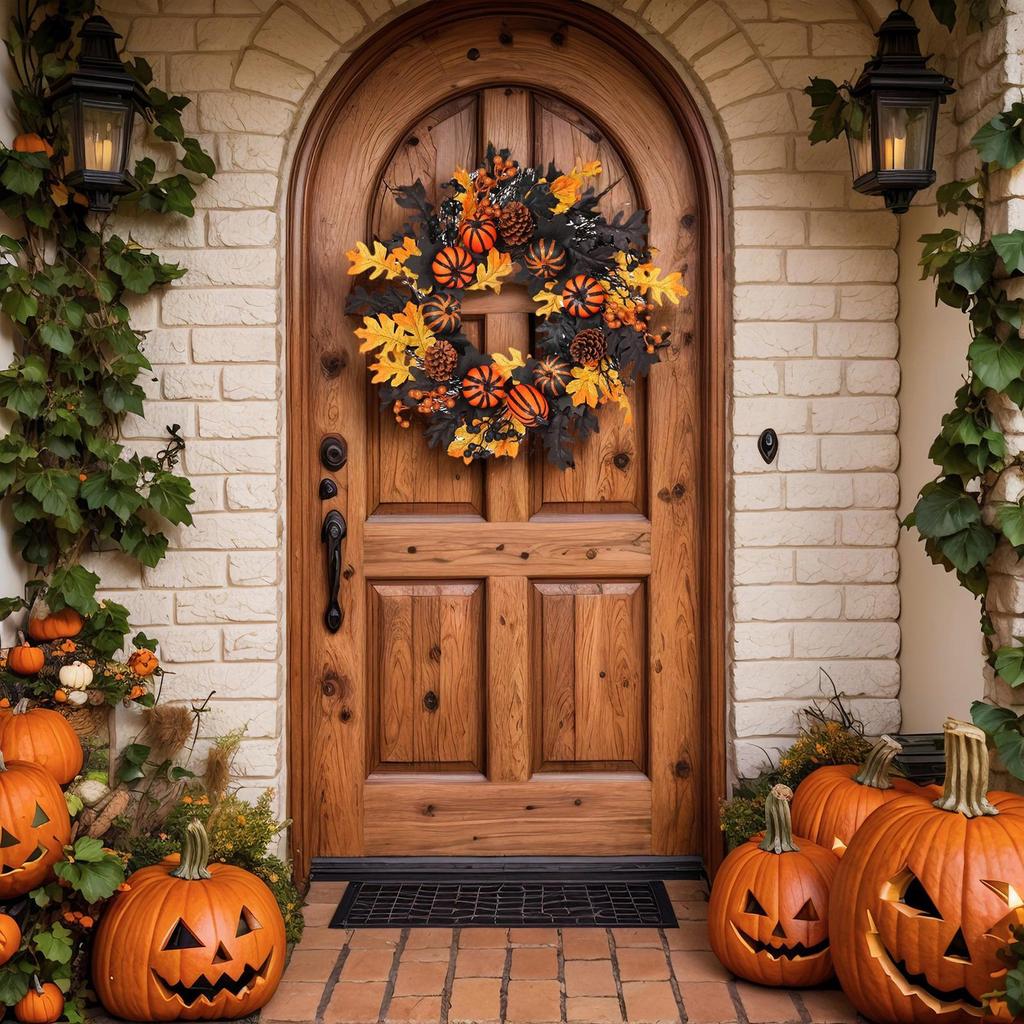 Halloween Pumpkin Wreath Autumn Door Wreath Thanksgiving Handmade Black Maple Leaves Pumpkin Halloween Holiday Decoration