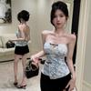 Trendy new printed tube top slim top women's splicing summer one-word shoulder t-shirt retro new Chinese buckle design