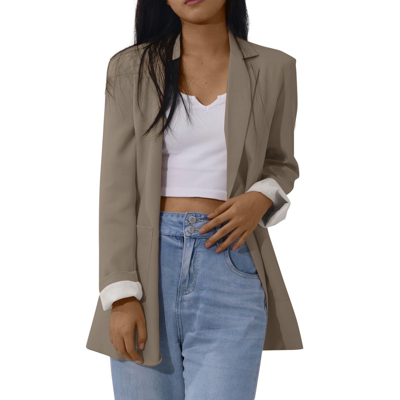 

Женский твердый кардиган с открытыми передними карманами, формальный костюм, блузка с длинным рукавом, пальто M хаки