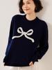 New Women's Thick Knit Bow Jacquard Wool Sweater - Red, Pure Wool, Round Neck, Loose Fit