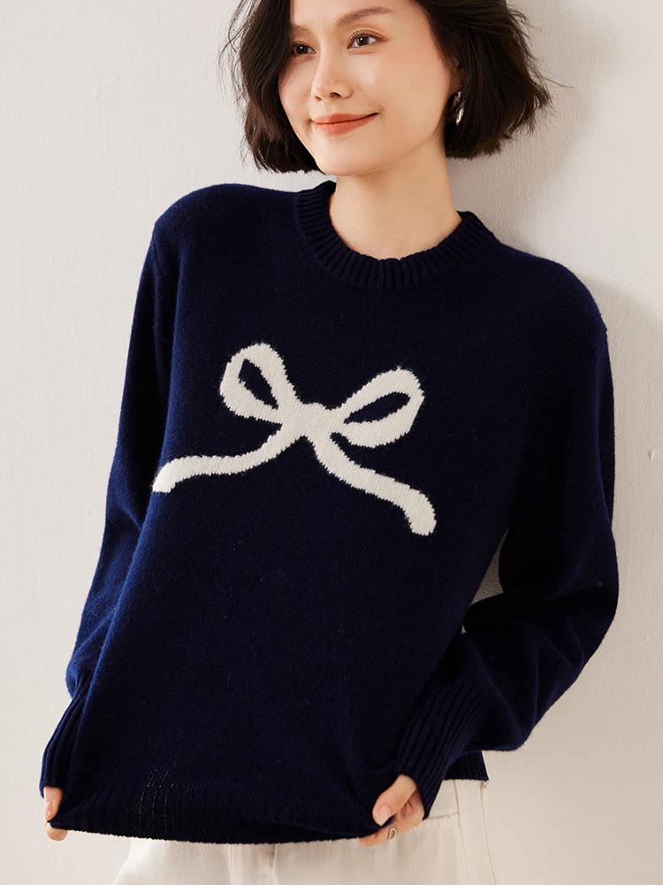 New Women's Thick Knit Bow Jacquard Wool Sweater - Red, Pure Wool, Round Neck, Loose Fit