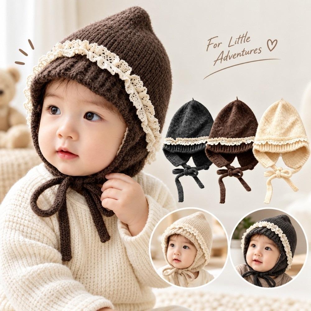 Lace Trim Kids Knit Hat Tie Closure Lace Trim Hat Durable Baby Beanie Cap Daily Wear