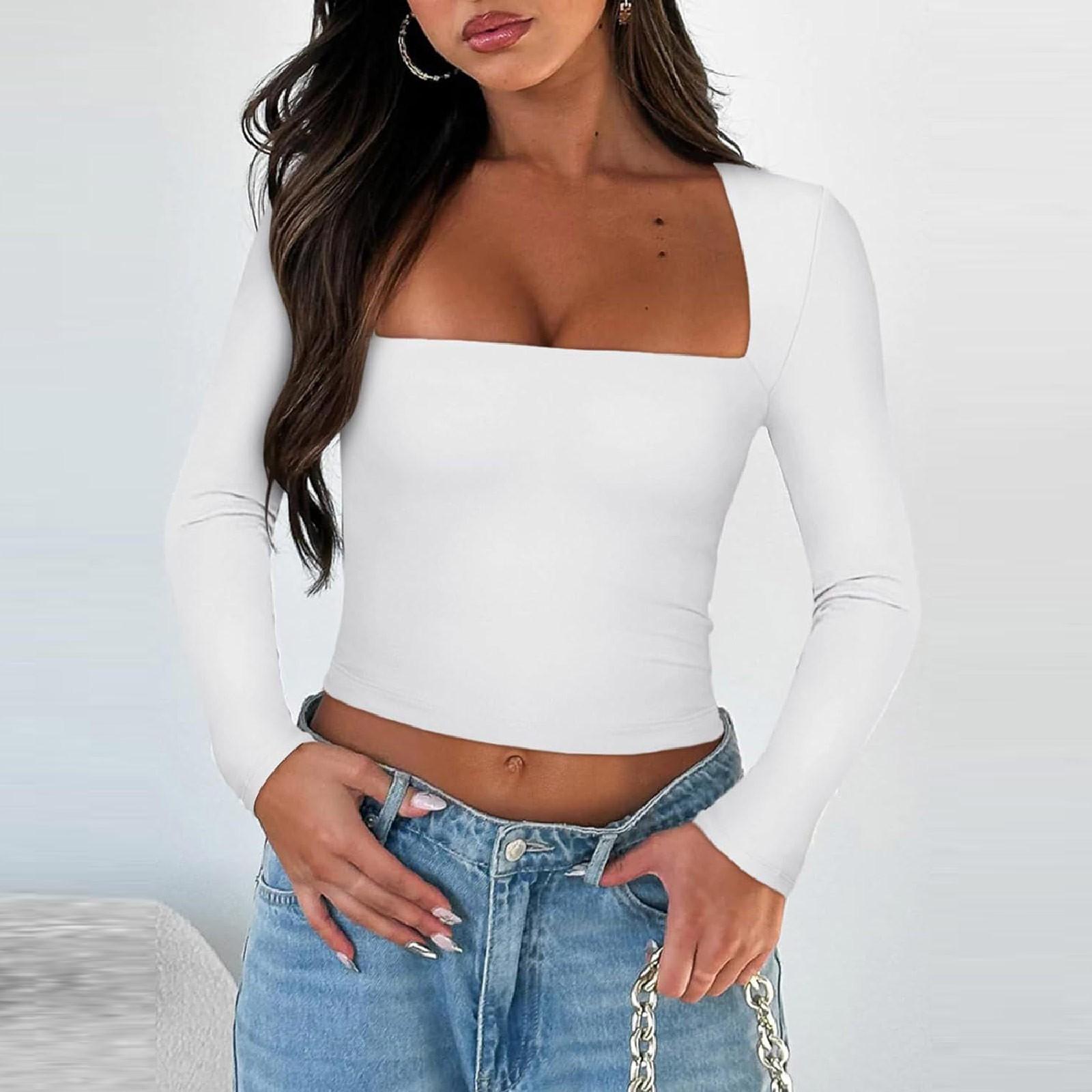 

Женская мода с длинным рукавом сплошной цвет Тонкая рубашка с квадратным вырезом Футболка Топ S белый