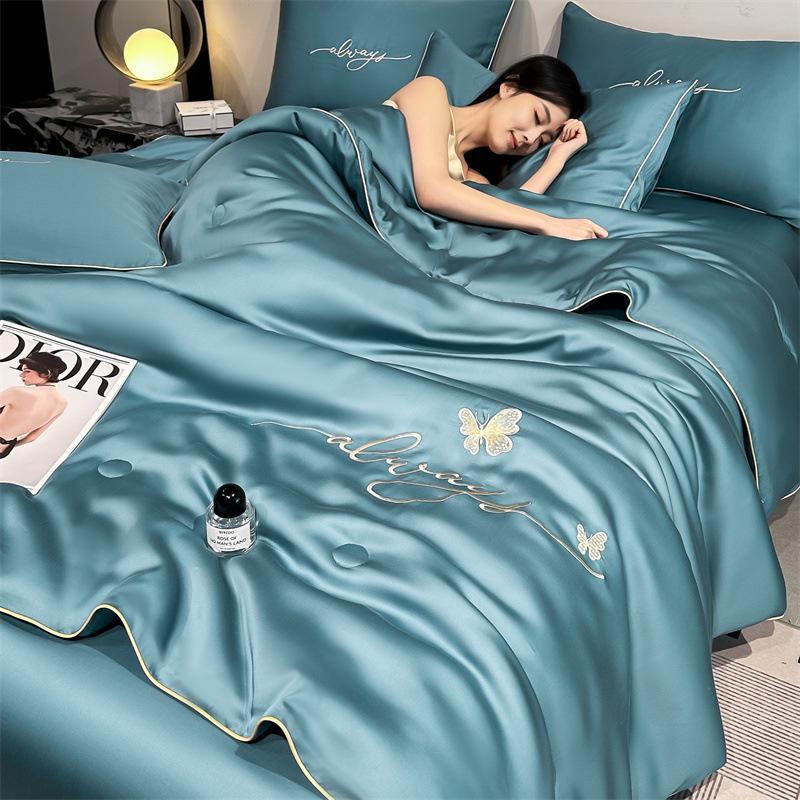 Class A Ice Silk Summer Quilt Set - Cooling, Water Washable, Embroidered, Air Conditioning Friendly, Thin Quilt for Naked Sleep