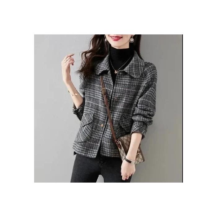 

Шикарный женский твидовый жакет в клетку для миниатюрных - Весна/Осень 2024, корейский стиль XL