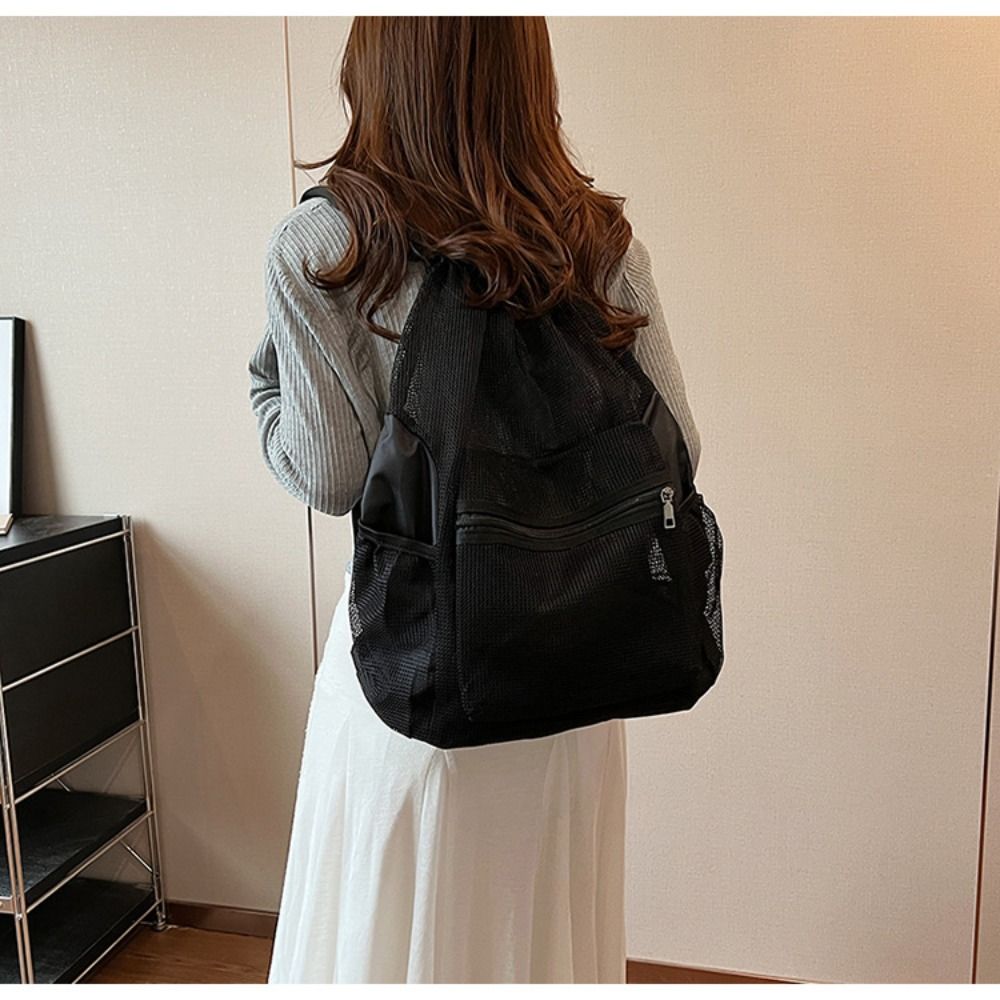 Portable Nylon Backpack Korean Style Mesh Beach Bag Casual Drawstring Backpack  Travel