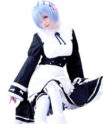 Costume Cosplay Rem Ram avec Perruque Commencer une Nouvelle Vie dans un Autre Monde Tenue de Bonne d'Halloween Ensemble Manches Longues [milky time] & - ReZero - (Rem, L)
