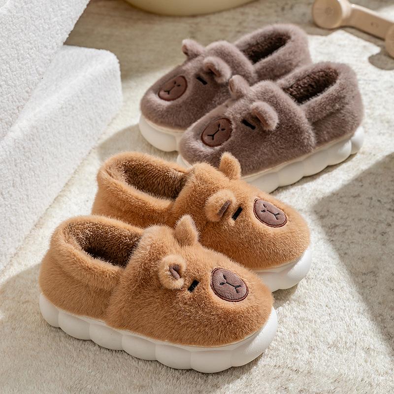 Cotton slippers autumn and winter home bag heel cartoon cotton mop warm velvet shoes platform couple hair slippers