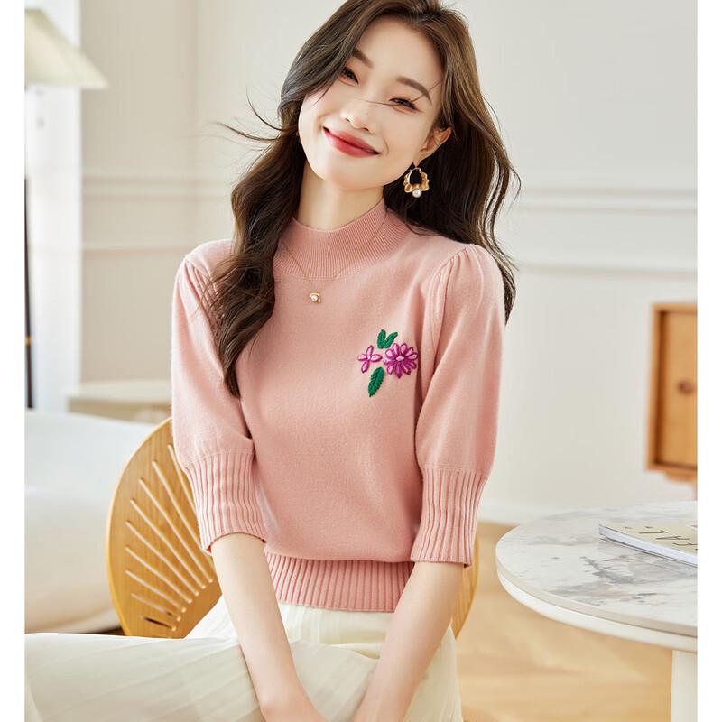 Srcr Women's Pure Wool Embroidered Mid-Sleeve Sweater