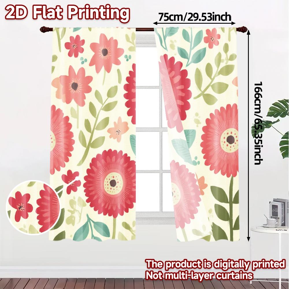 Set Of 2 Minimalist Flat Printing Curtains Without Rod Floral Spring Celebration Design Ramadan Festival Machine Curtain Made Polyester