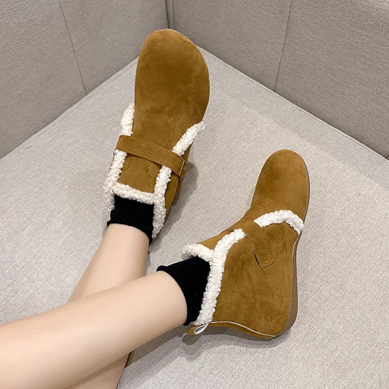 Fashion Winter Ankle Cotton Shoes Women's Casual Short Boots Fleece Warm Snow Boots Fluffy Shoes Flat Bottom Belt Buckle Lapolaka 2025