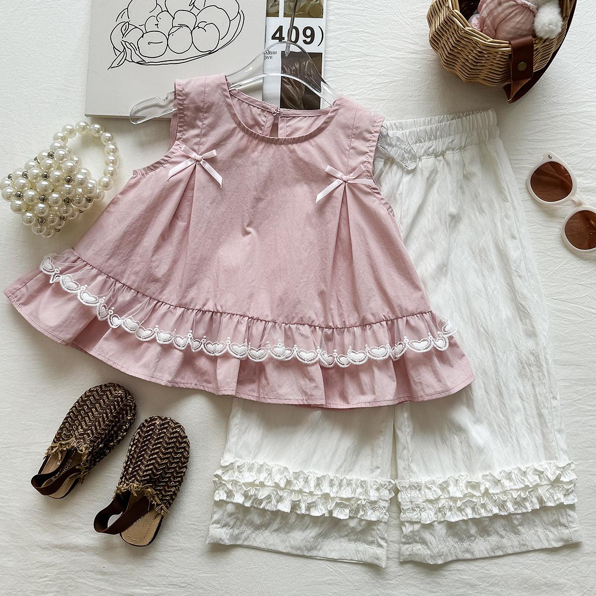 Girls Summer Bowknot Vest And Lace Wide Leg Pants Casual Two Piece Set Kids Fashion Outfit 90cm