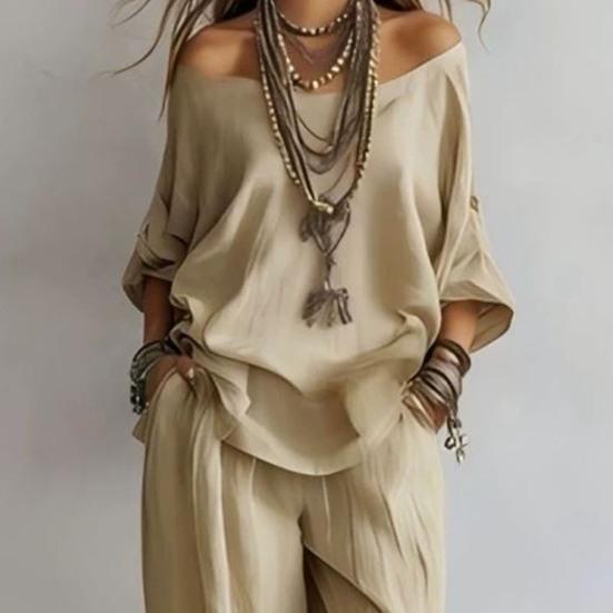 Yousheng Two Piece Matching Lounge Sets for Women Casual Off Shoulder Long Sleeve Top And Wide-Leg Pants Summer Boho Outfits