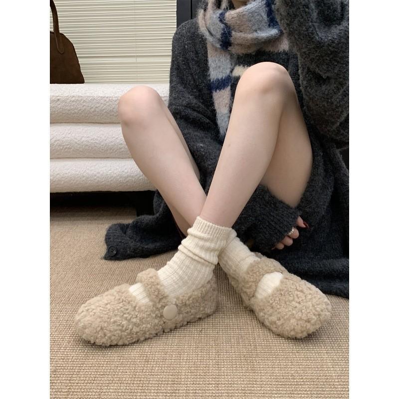 Gentle Fairy Wind Round Head Mary Jane Plush Shoes Women Wear Flat Cotton Single Shoes Doudou Shoes In Winter