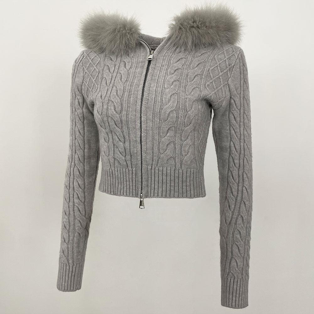 OFTBUY Soft Winter Real Fox Fur Autumn Warm Knitted Coat Short Zipper Hooded Women Jacket Casual Sweater Jacket Slim Lady Elegant Wholesale