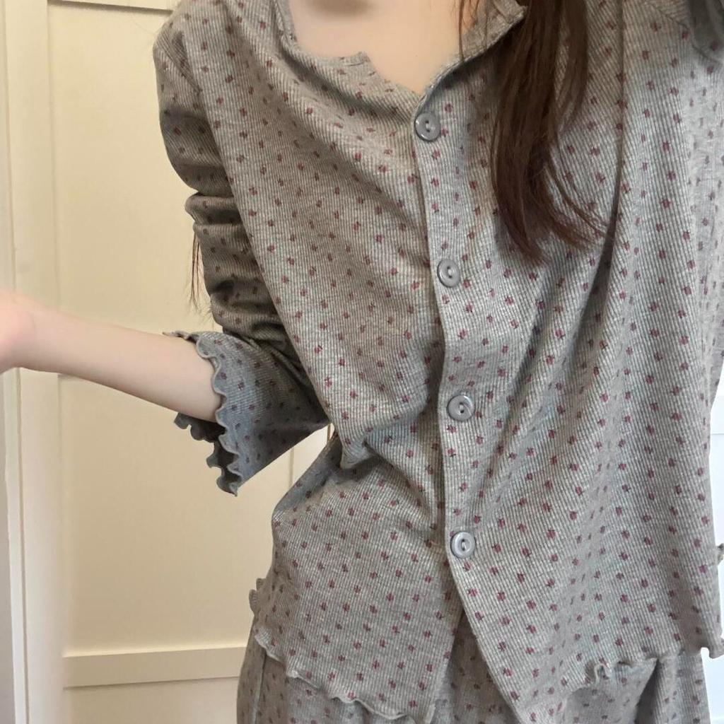 Retro Full Print Sweet Floral Pajamas Women's Summer Cardigan New Loose Loungewear Set Long Sleeve Spot