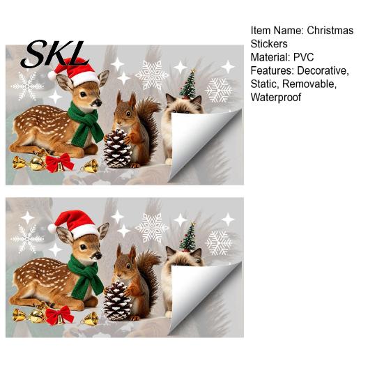 Waterproof Glass Stickers for Home Christmas Static Window with Cute Reindeer Squirrel Cat Design, Removable Clings, Decorative Film PVC Decals