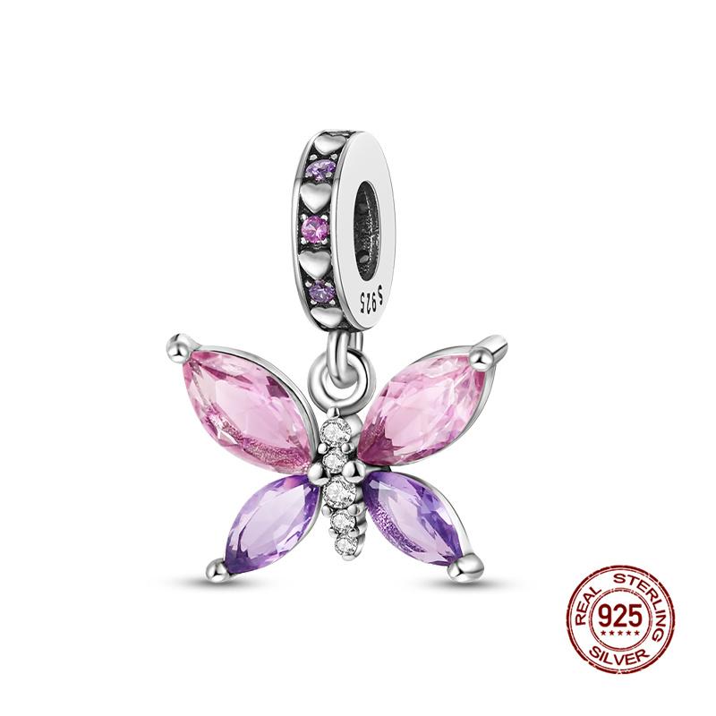 Original Charms Copper Blue & Yellow Glass Butterfly Dangle Charm Fits 3Mm Original Bracelet For Women Diy Jewelry Gifts