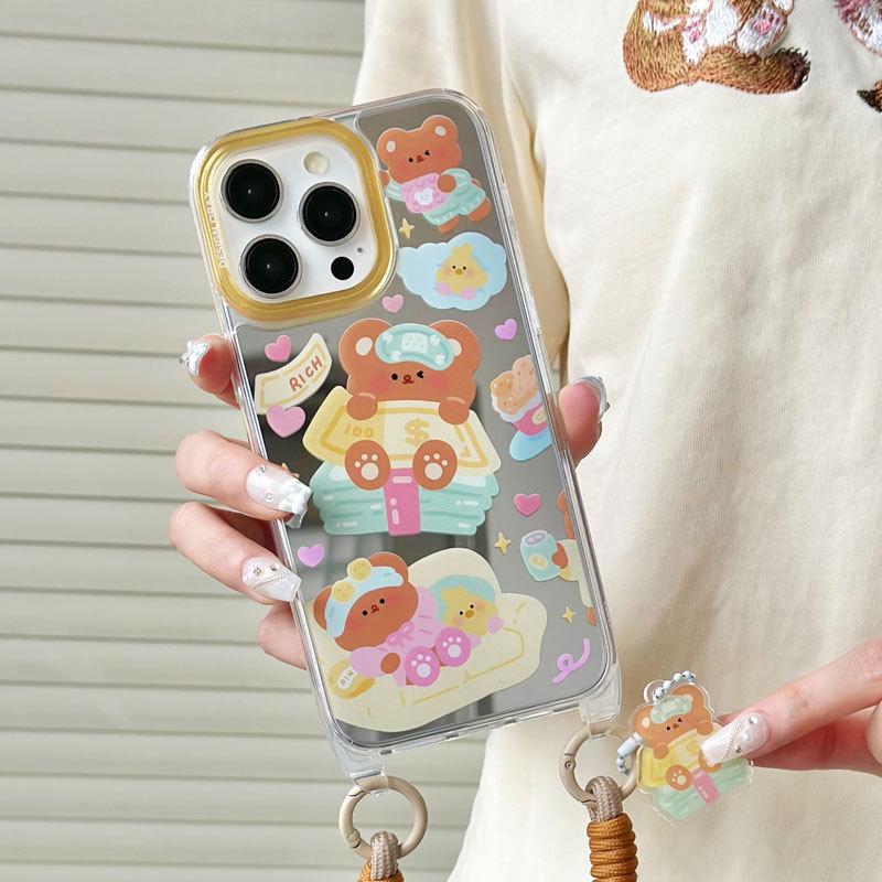 Zhitai Cartoon Mirror Case for iPhone 12-15 Pro Max, with Lanyard - Female Design