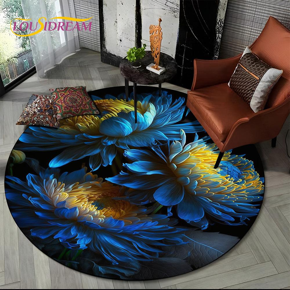 Luxuriöser Sonnenblumen 3D Rosen Nordische Gänseblümchen Runder Teppich Teppich für Wohnzimmer Schlafzimmer Sofa Dekor, Kinderbereich Teppich Rutschfeste Bodenmatte Geschenk