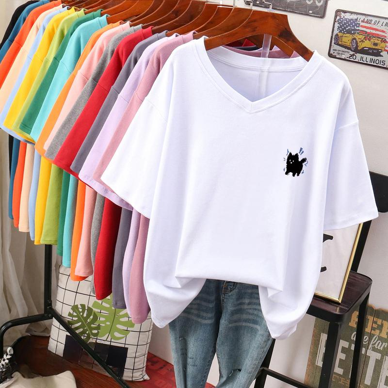 Kortarmet T-skjorte for kvinner, Stor størrelse, Løs og slankende, Trykket V-hals topp