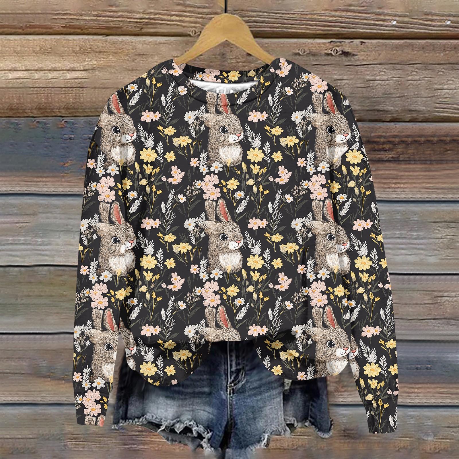 

Женская мода Пасха Печатный Длинный рукав Свободный круглый вырез Толстовка Топ XXXL