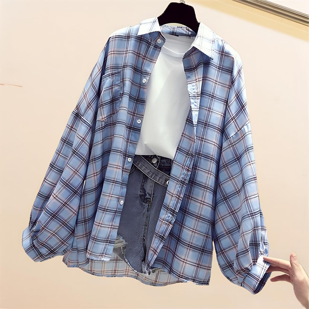 Spring Summer Fashion Women's Vintage Plaid Chiffon Blouse - Long Sleeve Loose Casual Shirt for Sun Protection & Daily Wear shirts