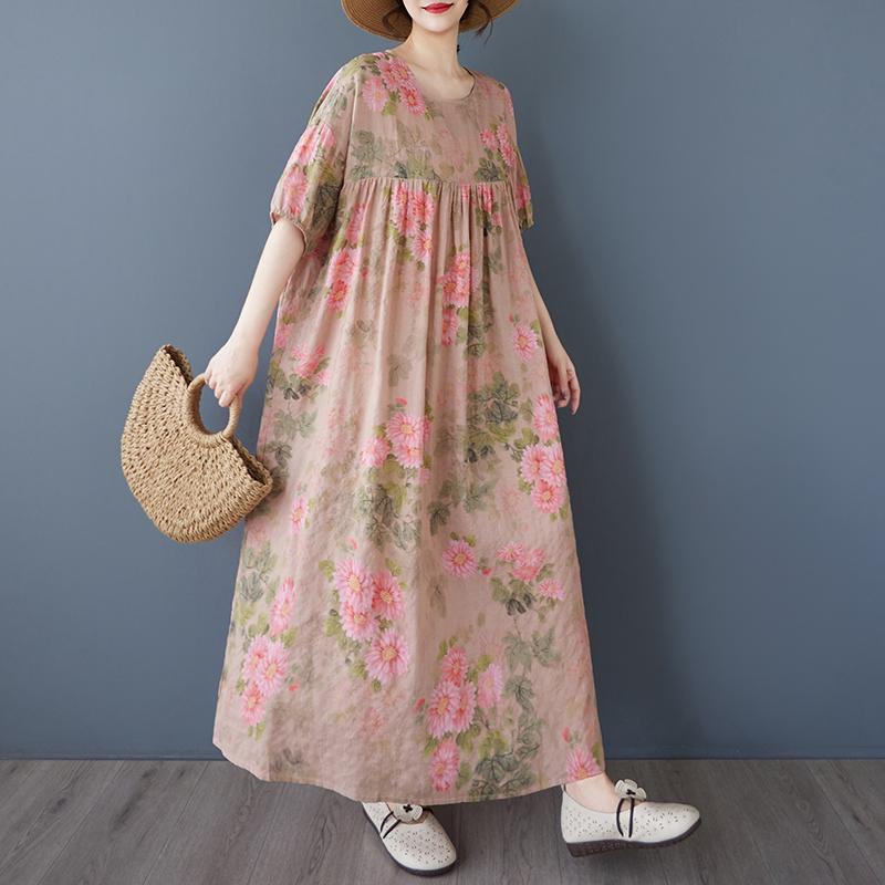 

DIMANAF 2025 Summer Women Vintage Printing Plus Size Long Dress Short Sleeve Casual Basic Fashion Loose Dress One Size розовый