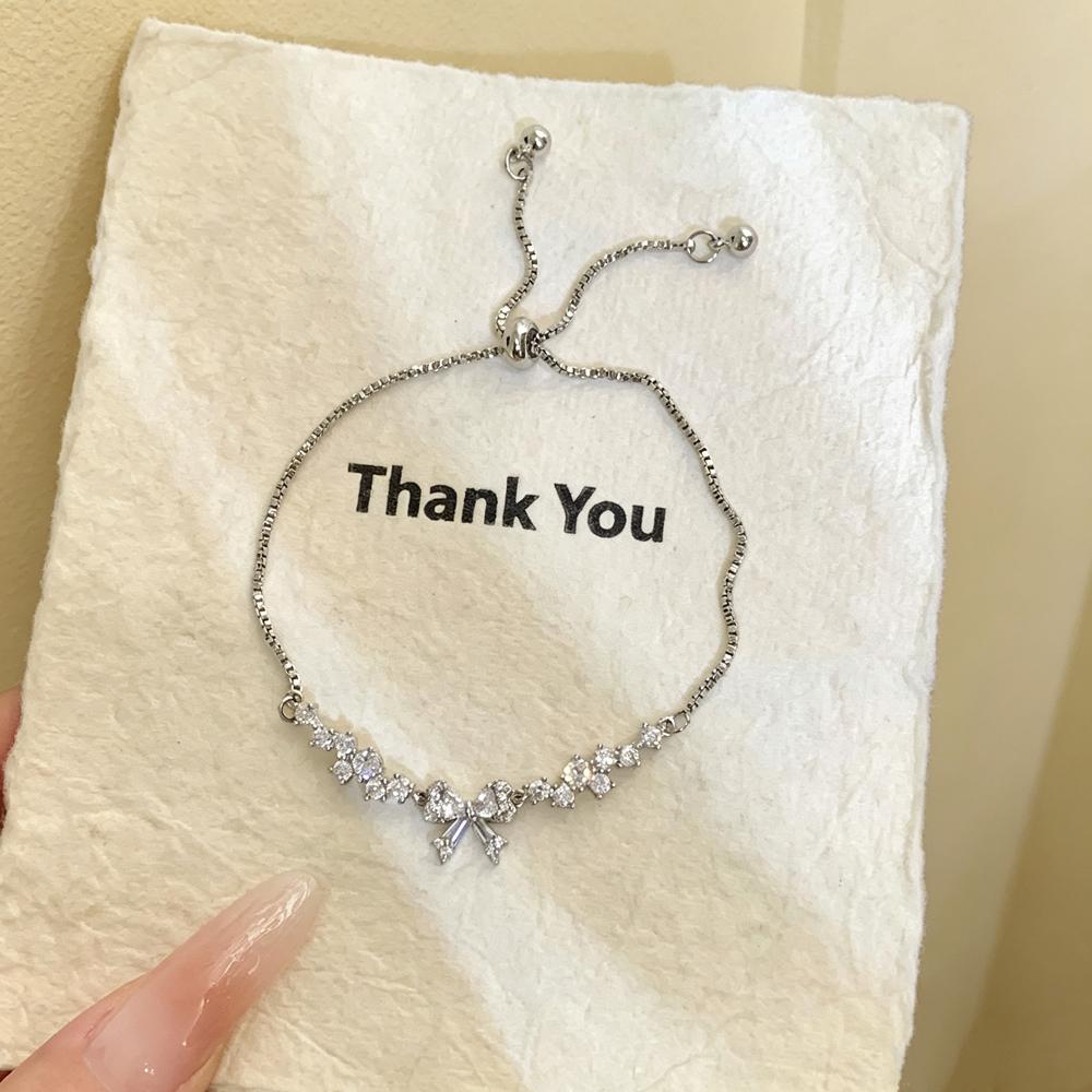 Sweet Bowknot Zircon Charm Bracelet Silver Plated Full Paved Adjustable Box Chain Women Bracelet