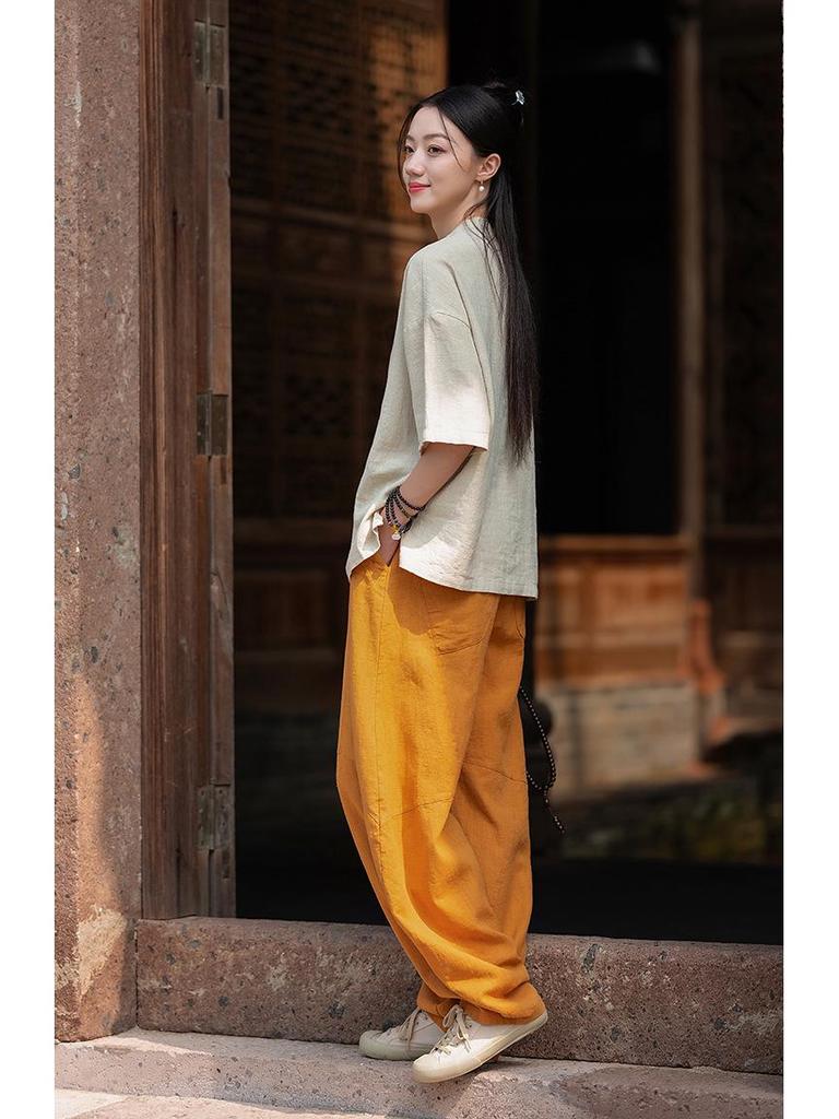 Women's Short-Sleeve Retro Frog Button Linen-Cotton Zen Top