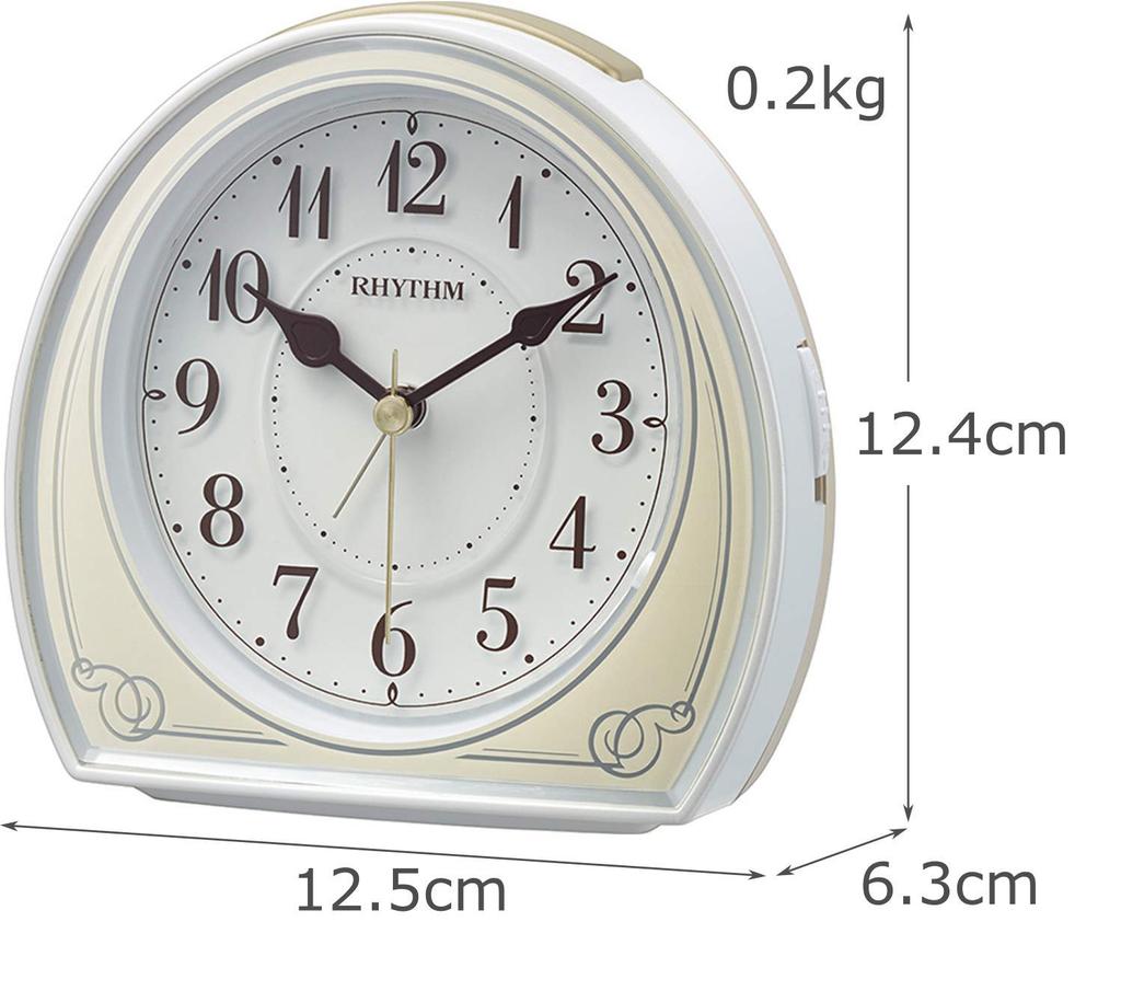 RHYTHM Alarm Clock with Continuous Second Electronic Alarm X X 8RE677SR10 Hand, Sound, Light, Snooze, Ivory, 12.4 12.5 6.3 Cm,