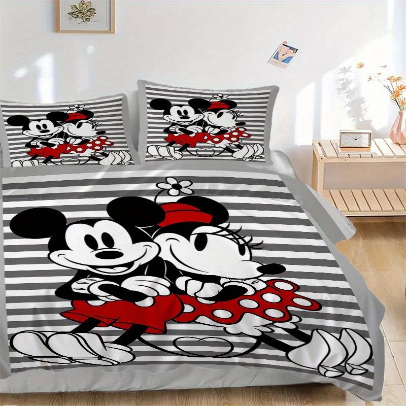 3pcs Gray Striped Minnie Mickey Bedding Set Includes 1 Quilt Cover and 2 Pillowcases, Comfortable Bedding S049