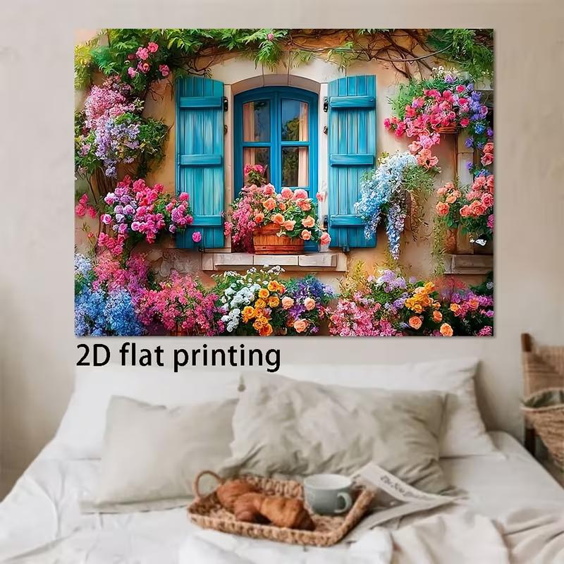 2D Provence Floral Backdrop, Rustic Blue Window with Colorful Roses Background Cloth for Photoshoot