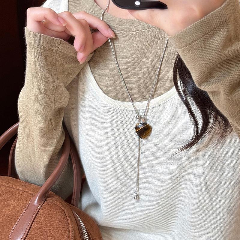 [HS][LA]1Pc Fashion Tiger Eye Stone Pendant Pull-Out Necklace For Women Long Sweater Chain Retro Jewelry Accessories