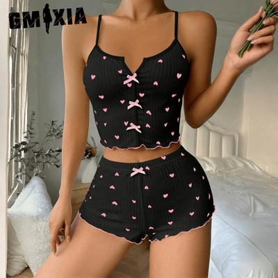 Thin Section of Women's Home Wear Love Suspenders Shorts Cross Back Pit Stripes False Open Draw European and American Pyjamas