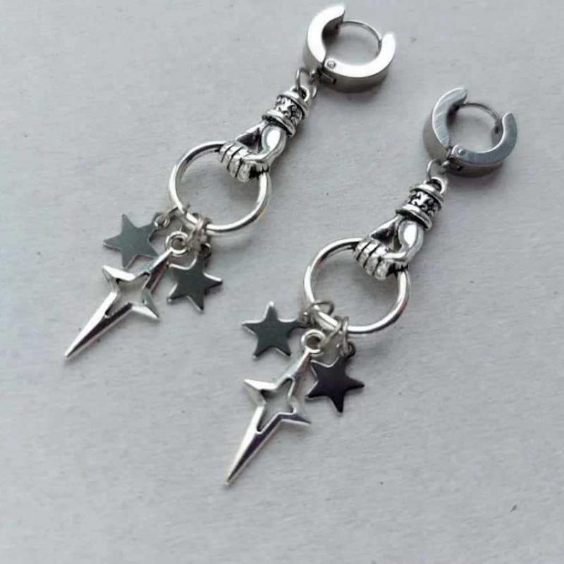 Silver Star Gothic Y2K Stainless Steel Hoop Earrings - Rock & Avant-garde Punk Style