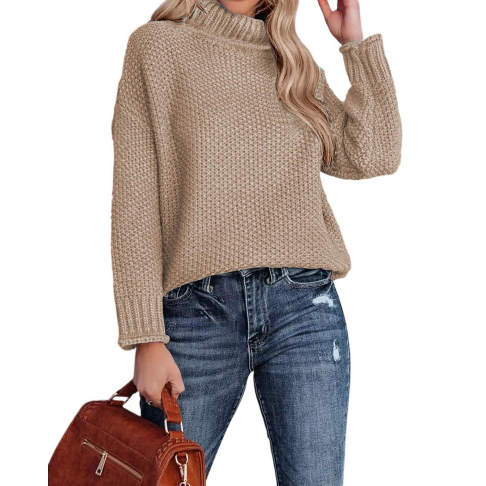 

Модный женский вязаный свитер с высоким воротником, длинными рукавами и подвернутым краем XL хаки