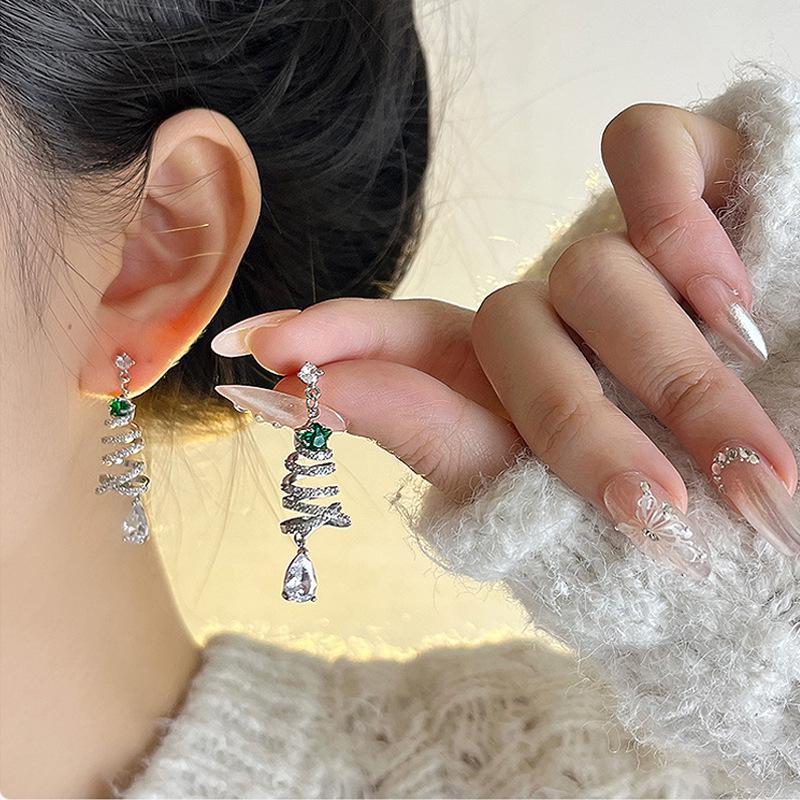 925 Silver Christmas Tree Zircon Stud Earrings - Elegant Holiday Jewelry for Women