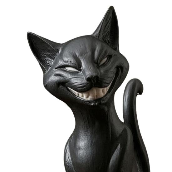 Unique Witchy Desk Decor 3D Printed Grinning Black Cat Statue, Sitting Figurine, Dark Small Crafts for Shelves Style Sculpture, Halloween Decorative