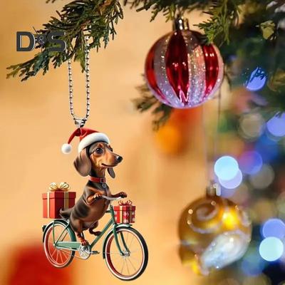 Christmas Tree Ornaments Lifelike Puppy Riding Bicycle Pendant 2D Flat Double-Printed Acrylic Hanging Decoration for Tree Home Decor