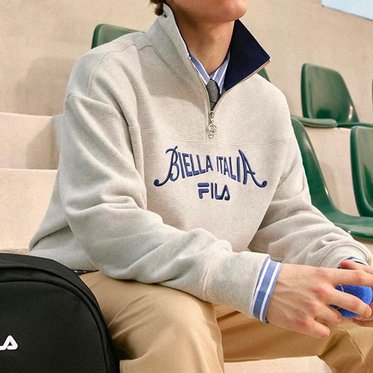 Fila Fleece Pullover Sweatshirt With Letter Print Unisex Sweatshirts Ivory Heather-Gray F11U339201FMG