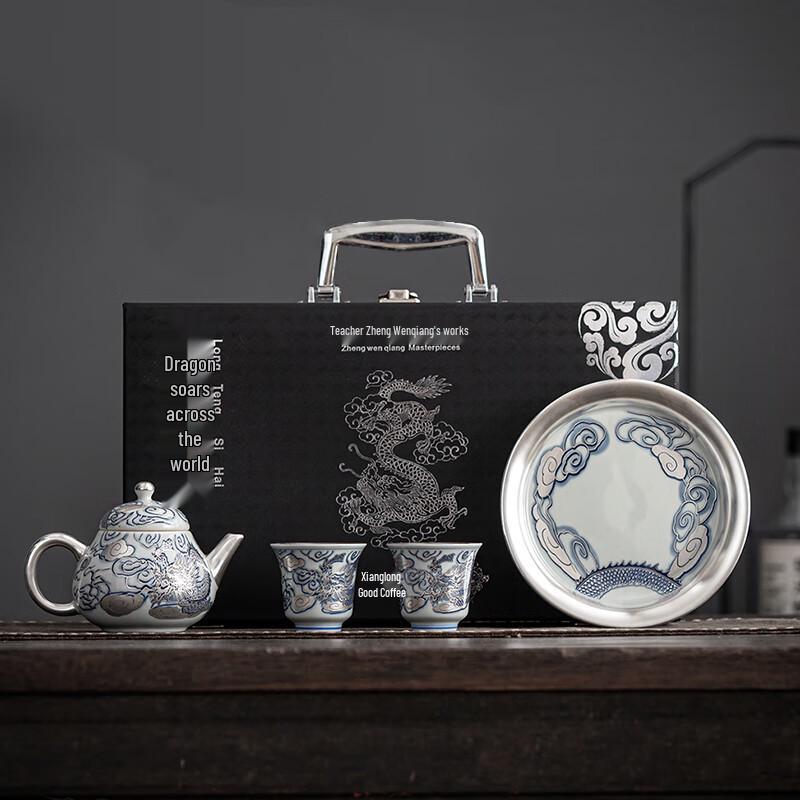 

Чжэн Вэньцян Набор для кунг-фу чая ручной работы Дракон и пион в подарочной коробке