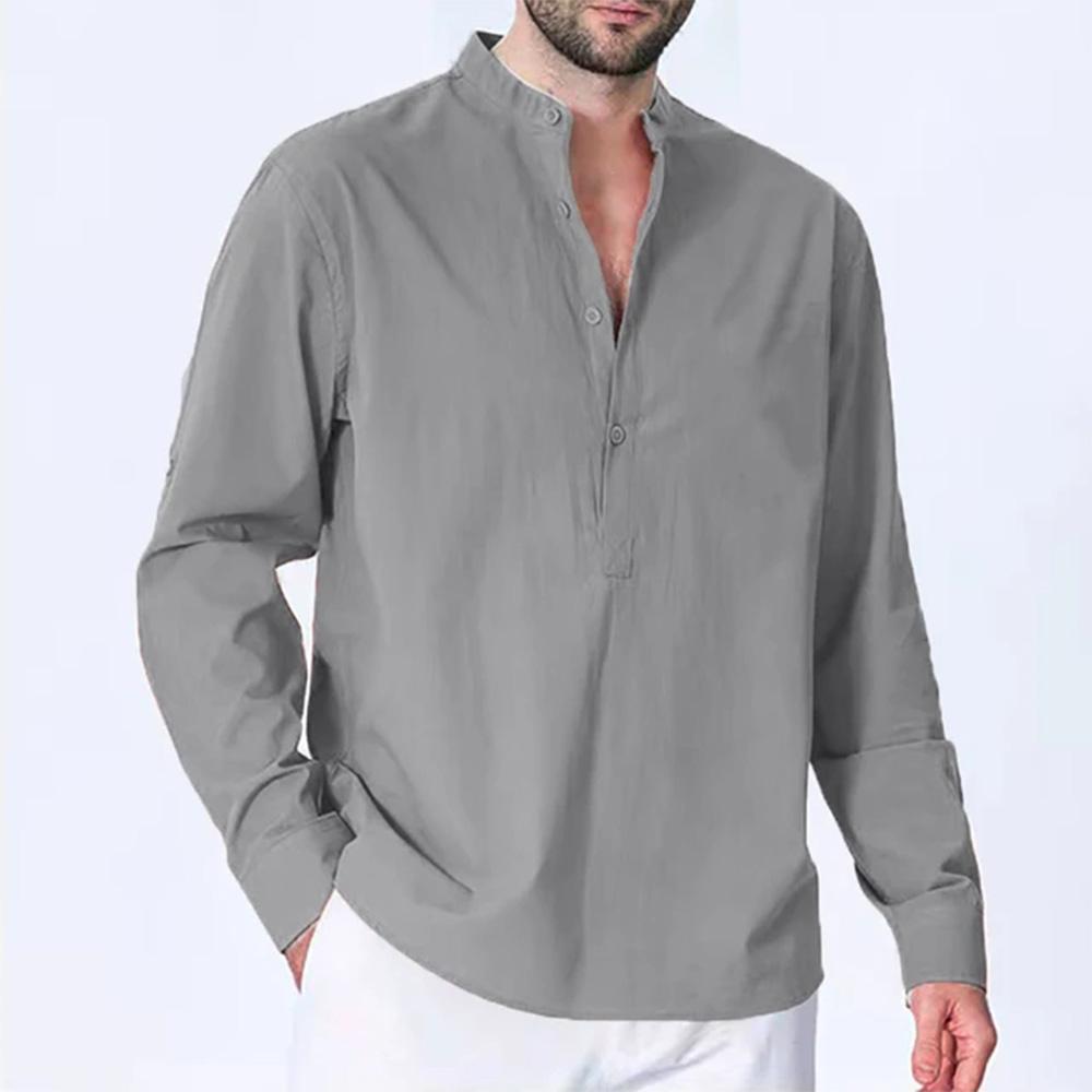 Jarní bavlněné lněné košile pro muže Regular Fit Business Ležérní Halenka s dlouhým rukávem Mandarinový výstřih Jednobarevné Módní tričko s designem knoflíků
